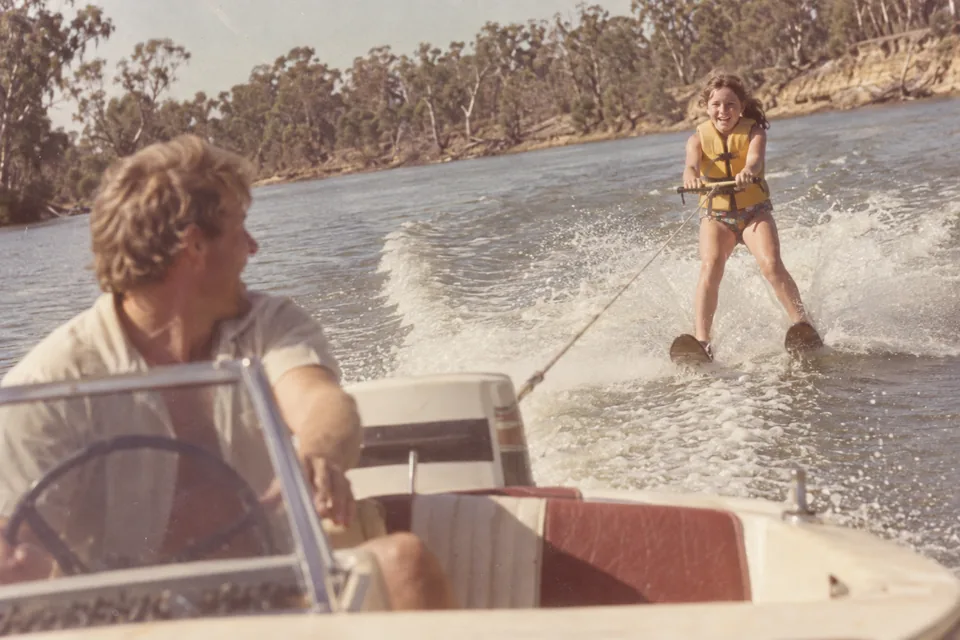 Pop kept yelling, “Bend your knees!” Somehow, Mum stayed up., 1977.