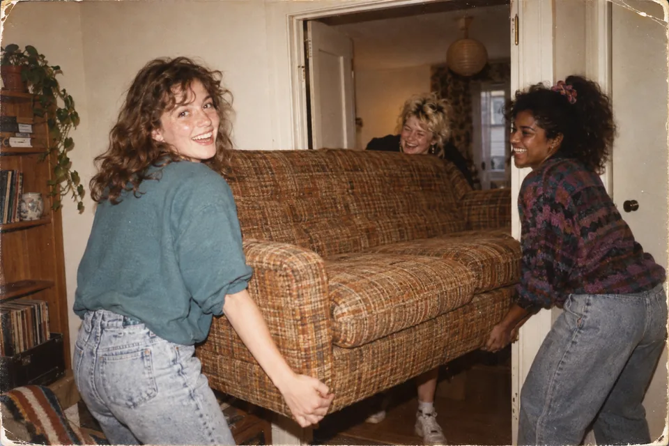 Mum’s first flat—and a sofa that absolutely refused to fit., 1986.