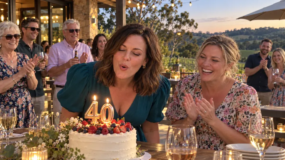 Blowing out the 40 candles while her friend claps.