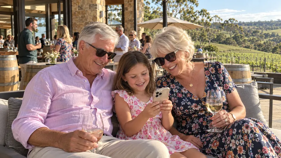 Grandparents on the bench, looking at a photo on a phone.