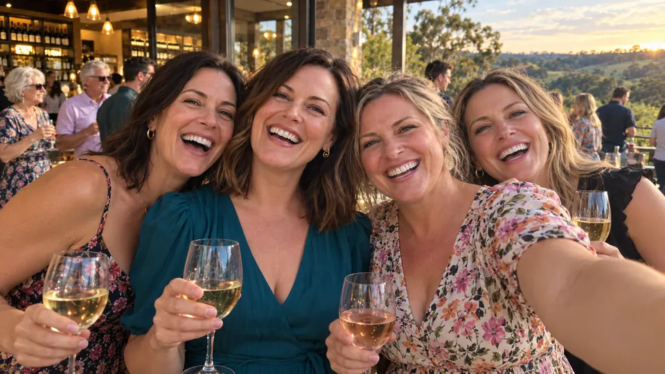 Four friends squeeze into one selfie with their glasses up.