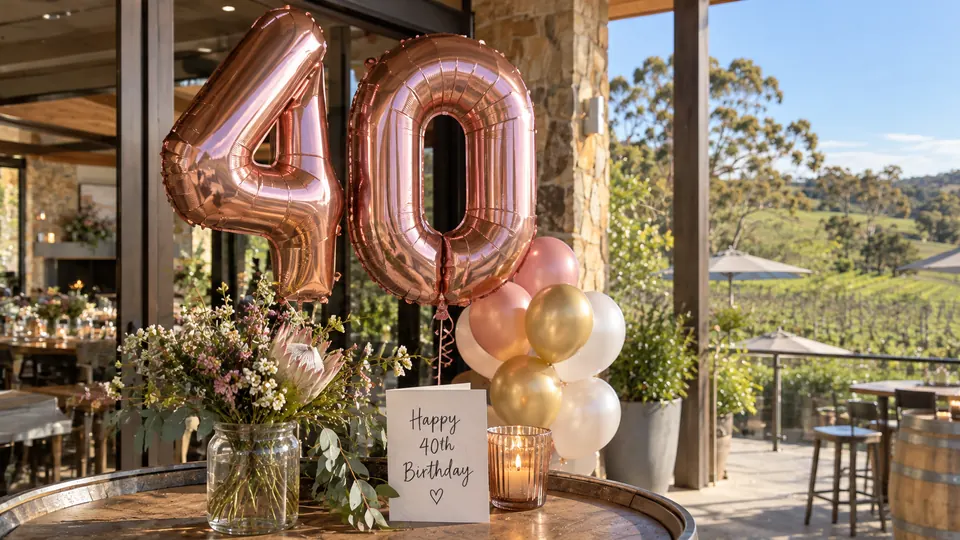 Rose gold 40 balloons over the gift table.