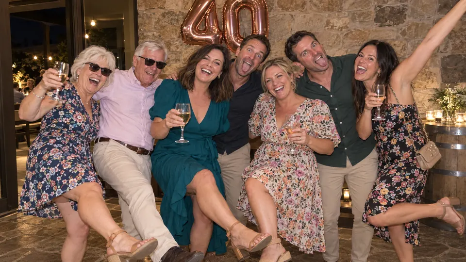 The whole group pulling faces under the 40 balloons.