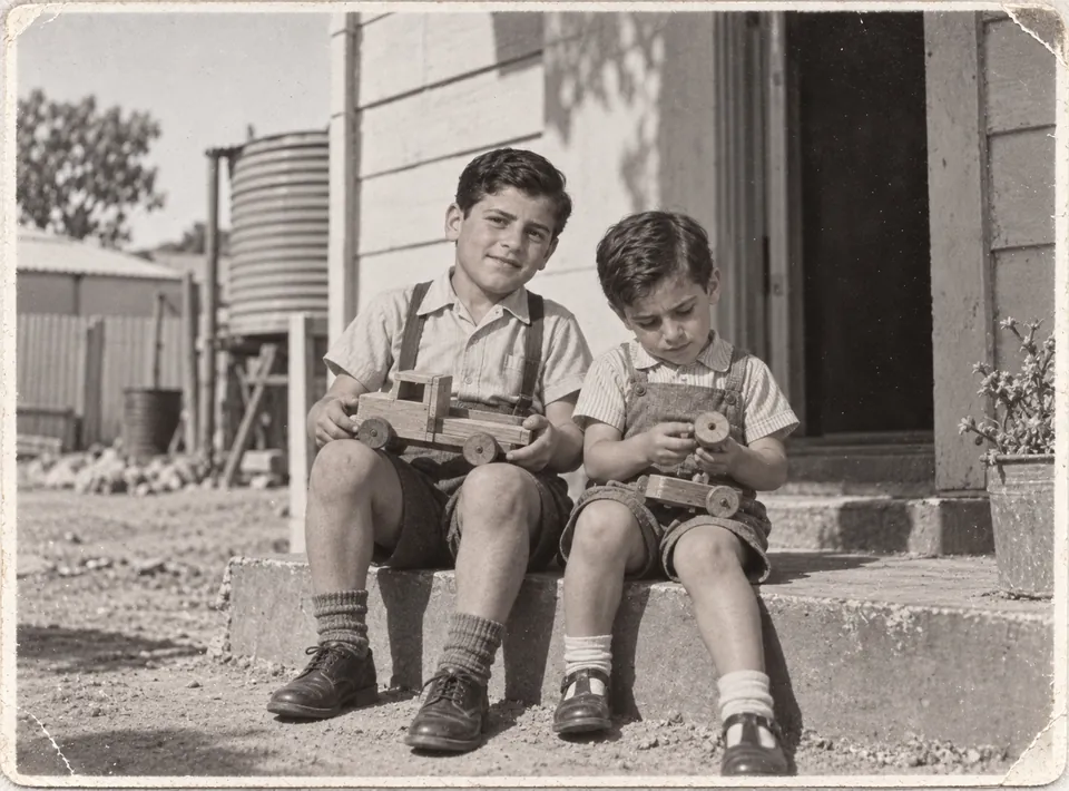 Christmas on the back step with Enzo, 1942.