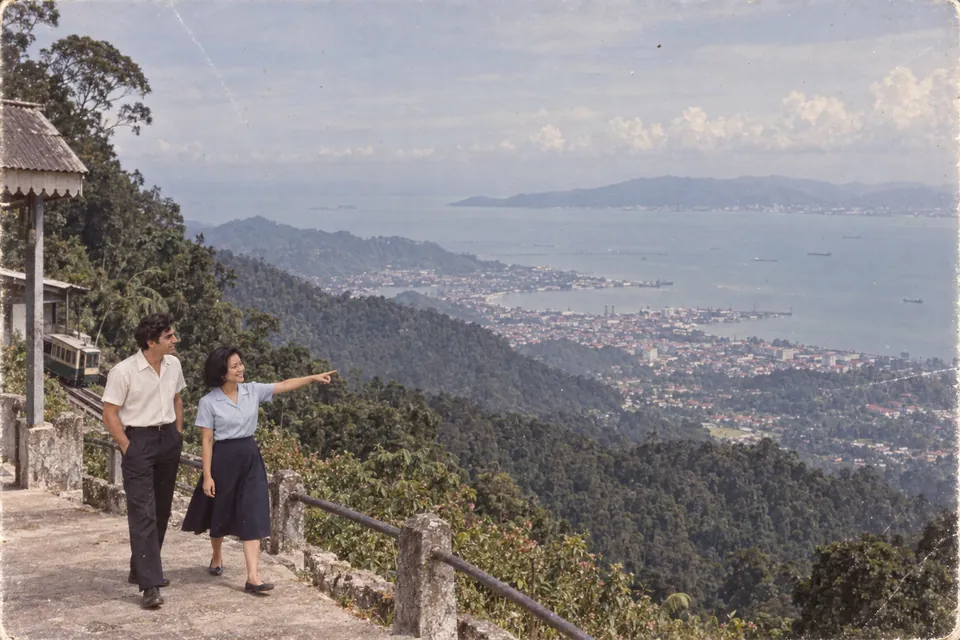 Mei Lin showing Dave the view from Penang Hill, 1966.