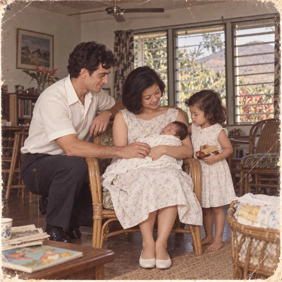 Daniel home from hospital with Sofia supervising, 1971.