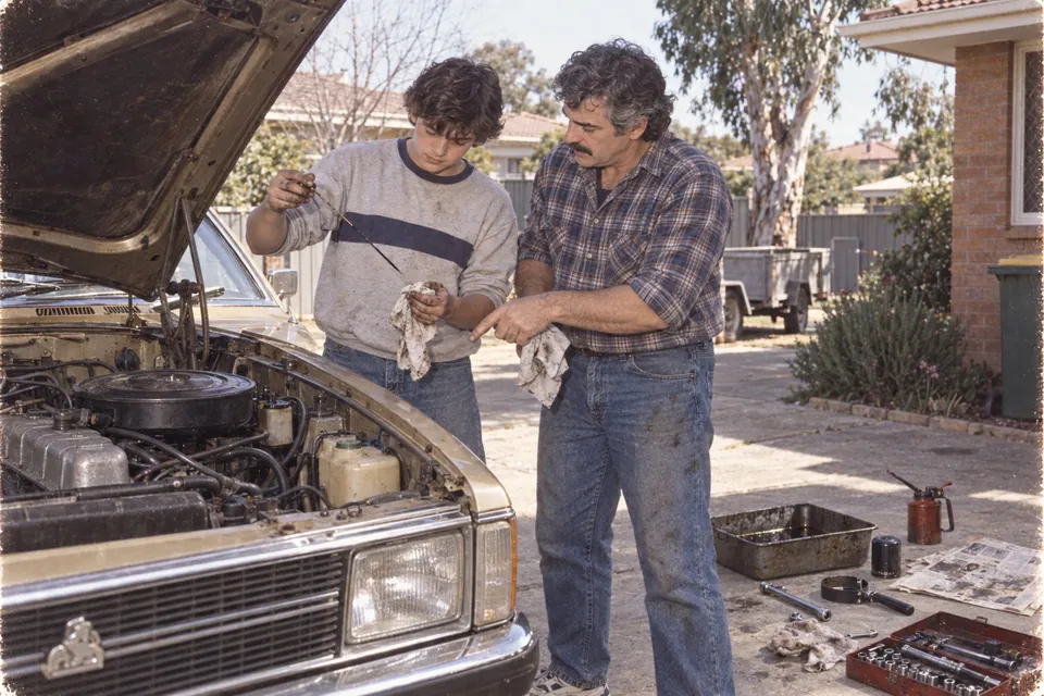 Dave teaching Daniel to change the oil properly, 1987.