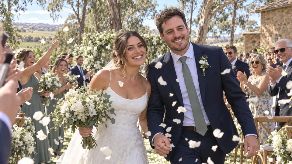Petals thrown as the couple walk back up the aisle.