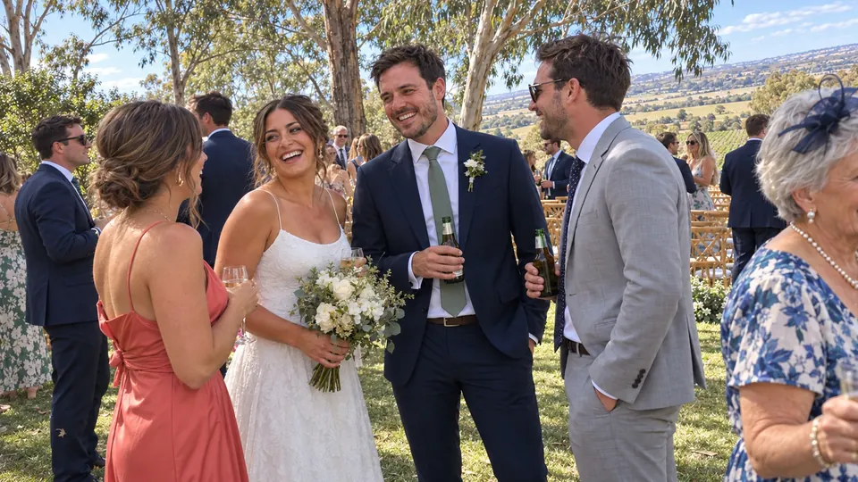The couple with friends on the lawn.