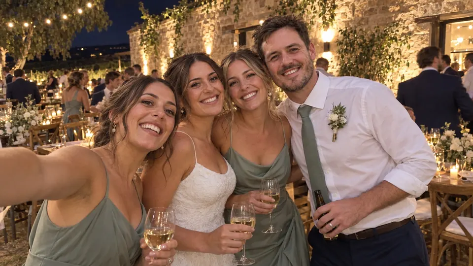 Bridesmaids pull the groom into a selfie.