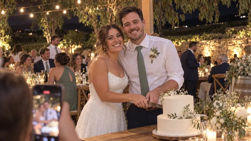Cutting the cake, with a guest’s phone raised to film it.